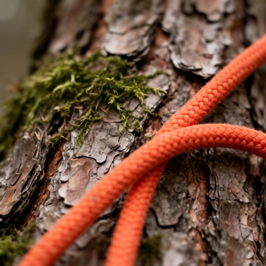 Corde d'élagueur orange sur écorce de pin moussue